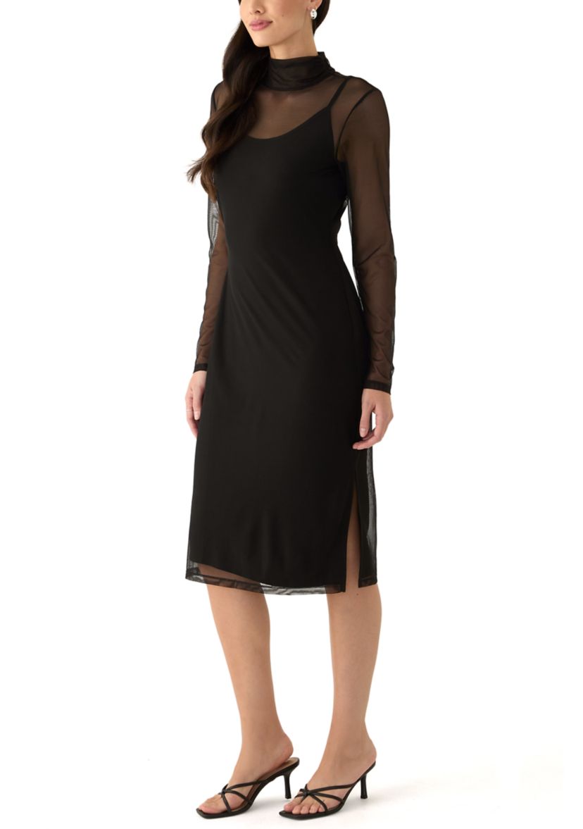 Womens Long Sleeve Mock Neck Mesh Dress