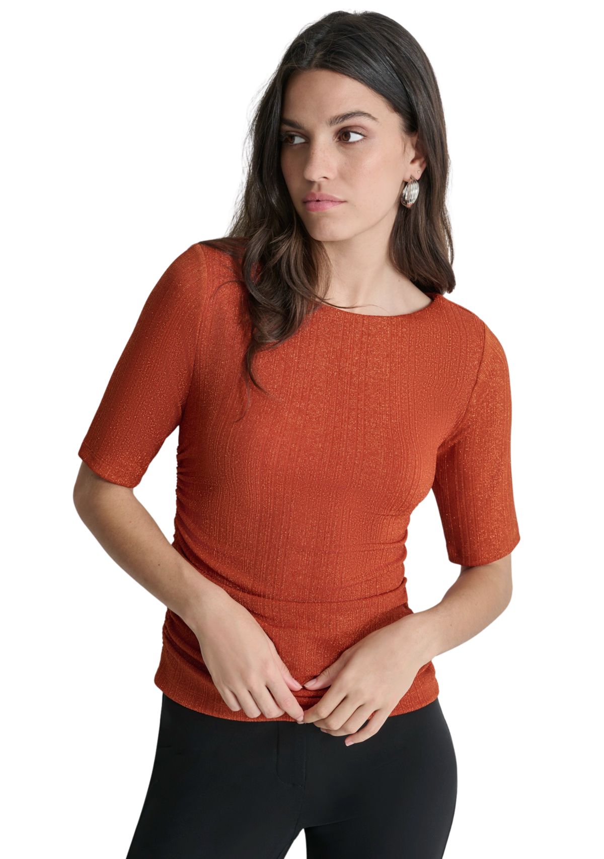 Womens Elbow Sleeve Metallic Knit Blouse