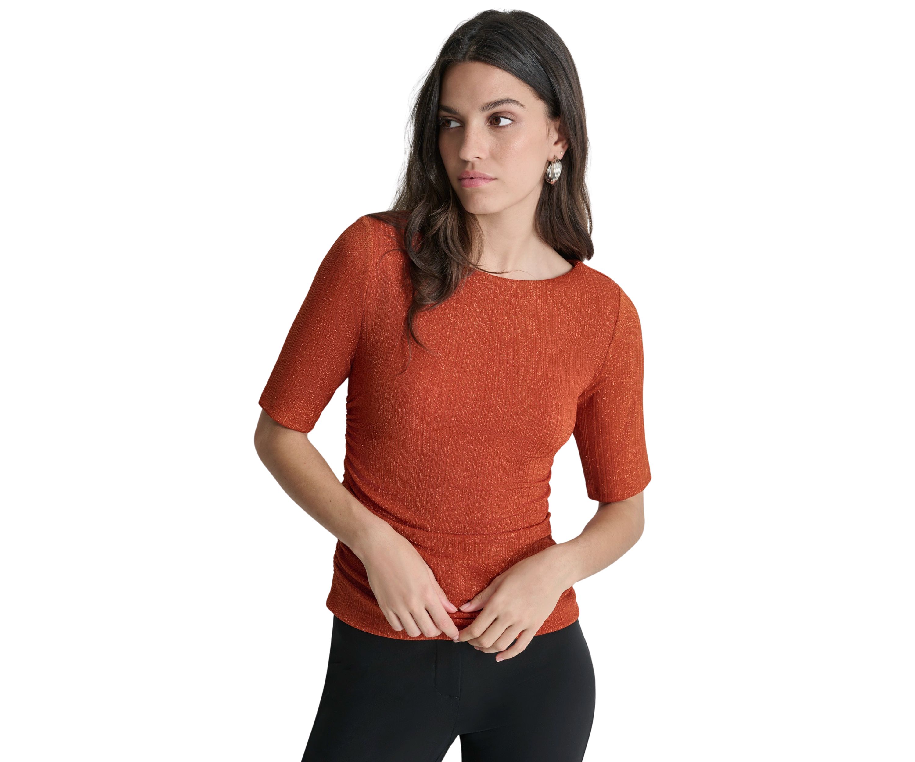 Womens Elbow Sleeve Metallic Knit Blouse