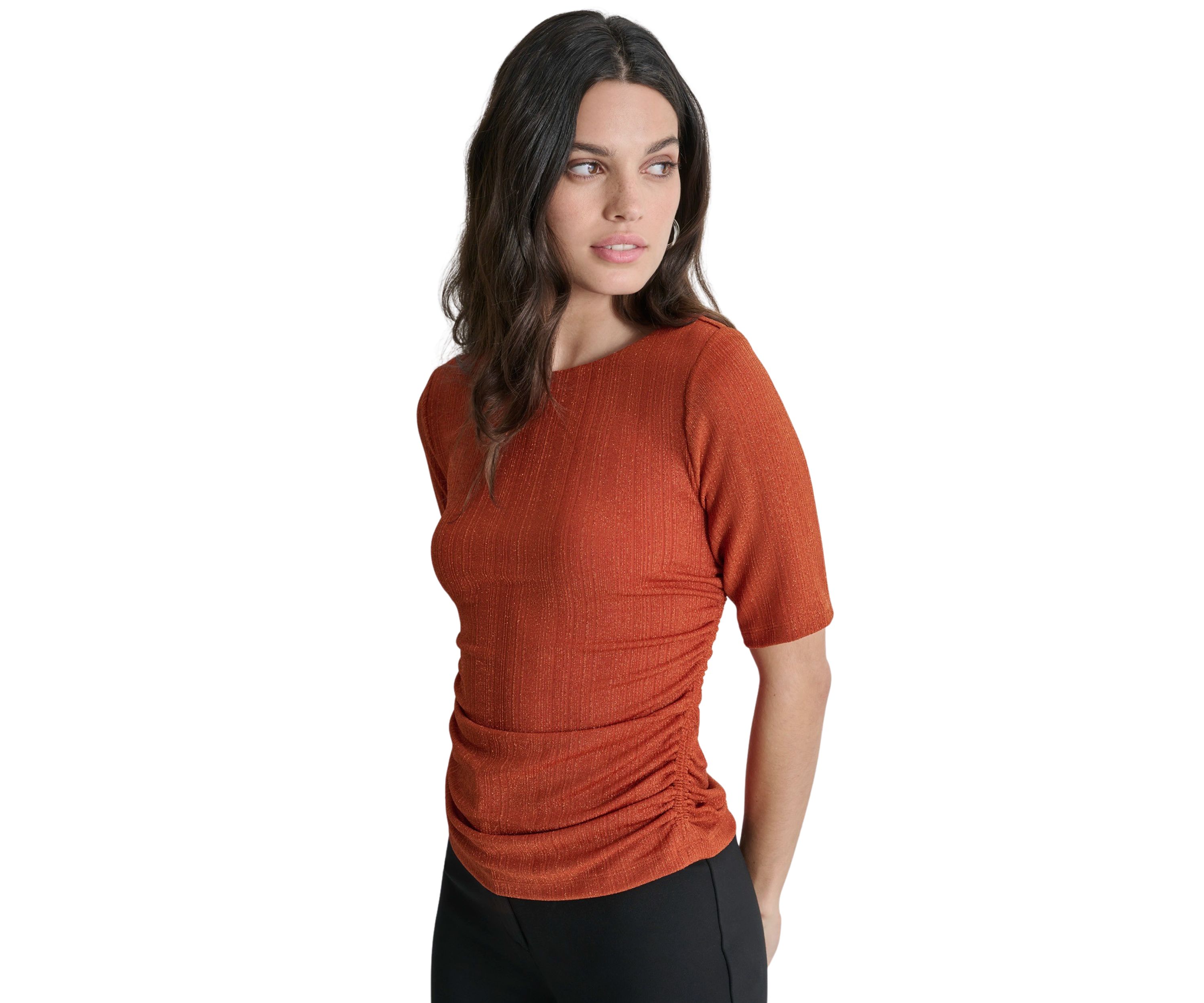 Womens Elbow Sleeve Metallic Knit Blouse