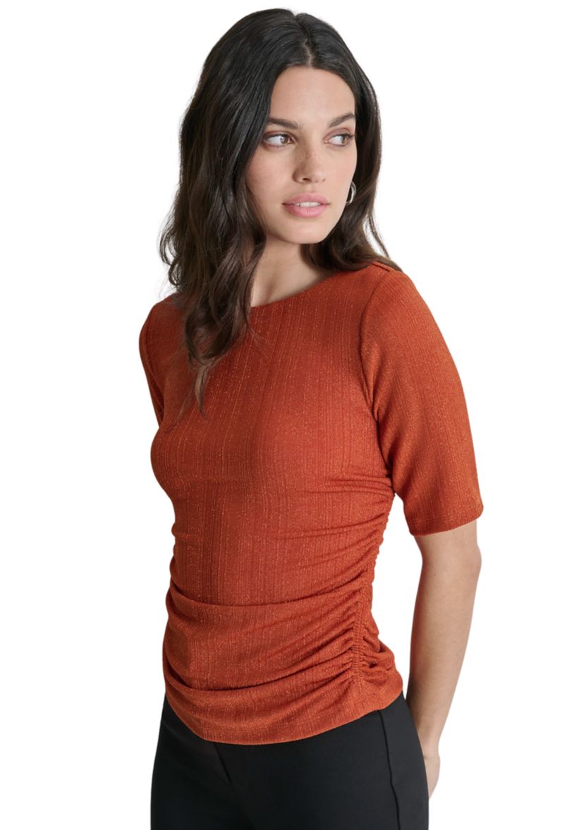 Womens Elbow Sleeve Metallic Knit Blouse