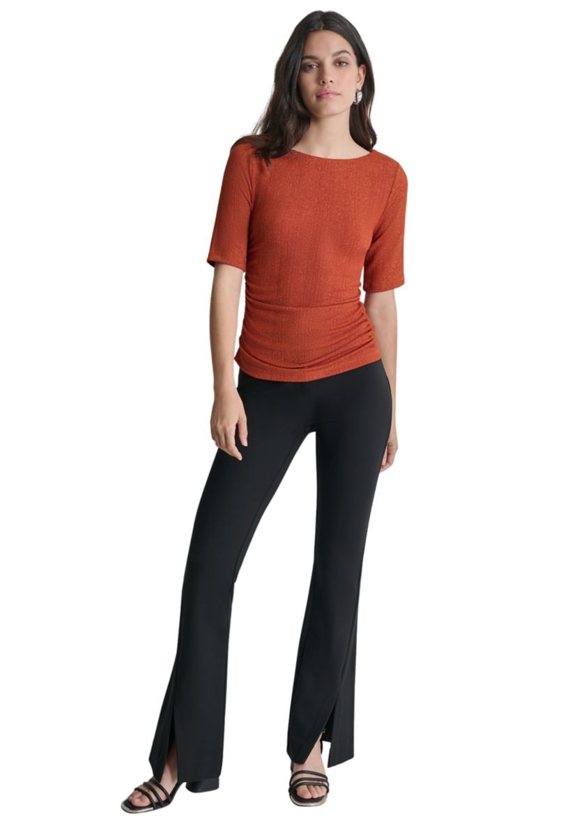 Womens Elbow Sleeve Metallic Knit Blouse