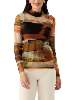 DKNY Women's Long Sleeve Mock Neck Printed Mesh Top, XS