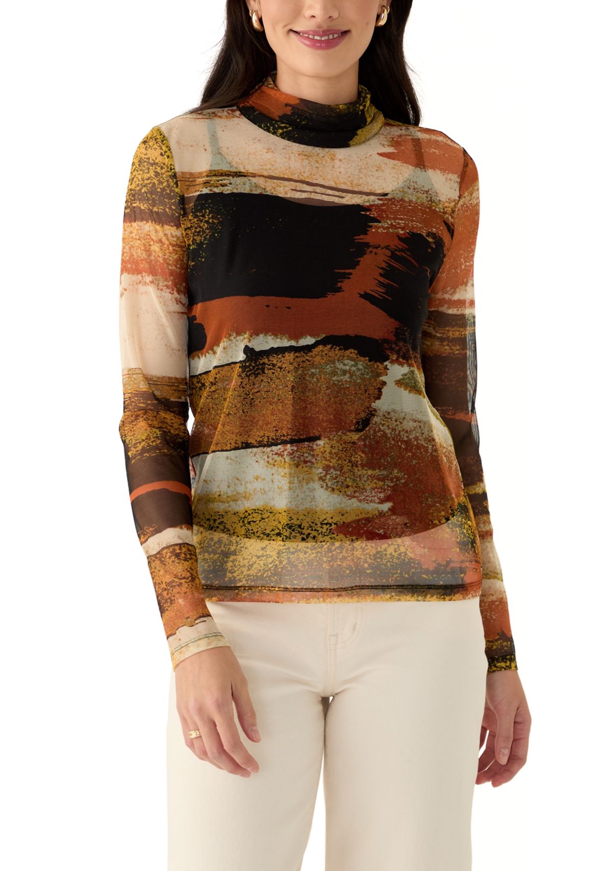 Womens Long Sleeve Mock Neck Printed Mesh Top 