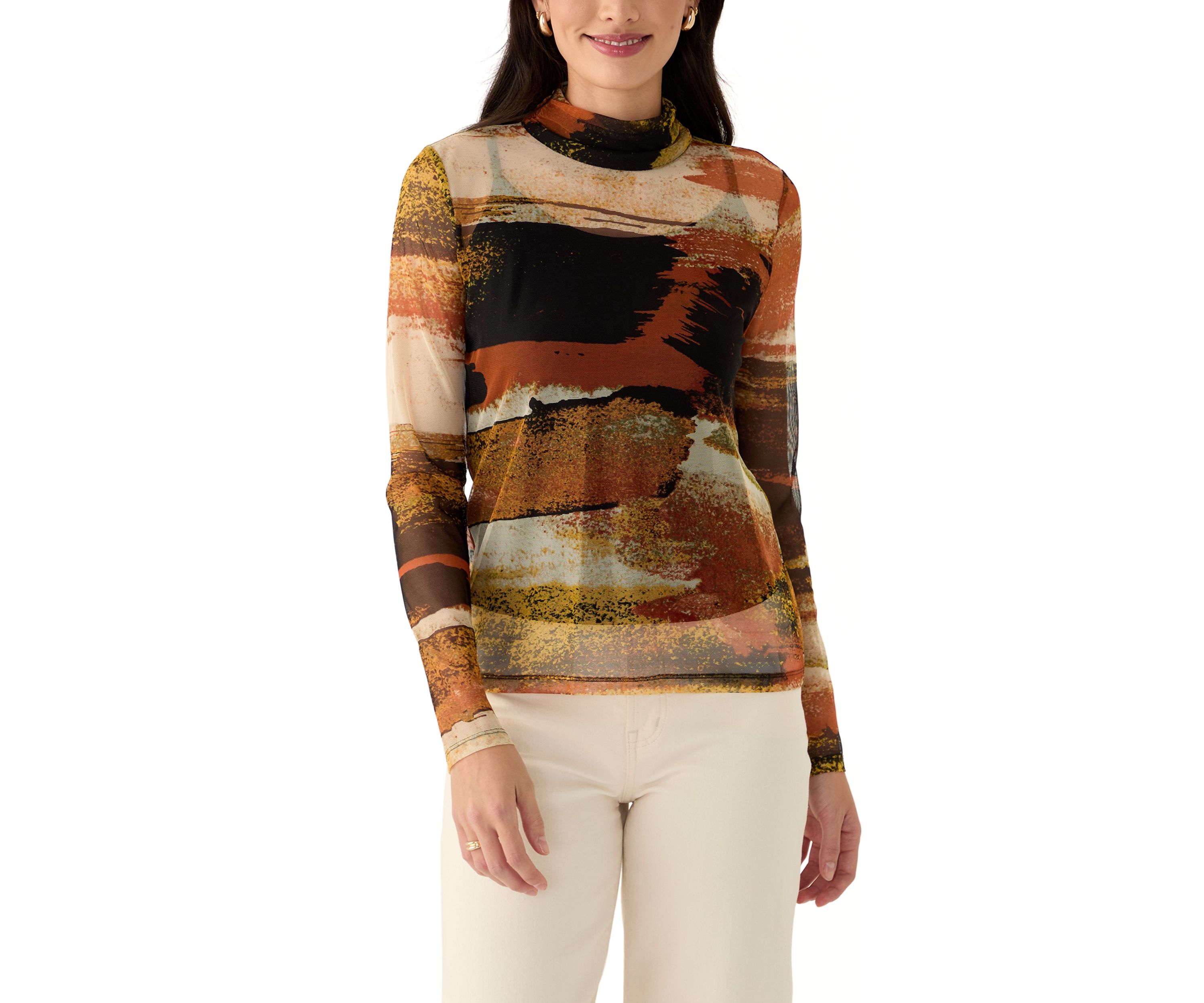 Womens Long Sleeve Mock Neck Printed Mesh Top 