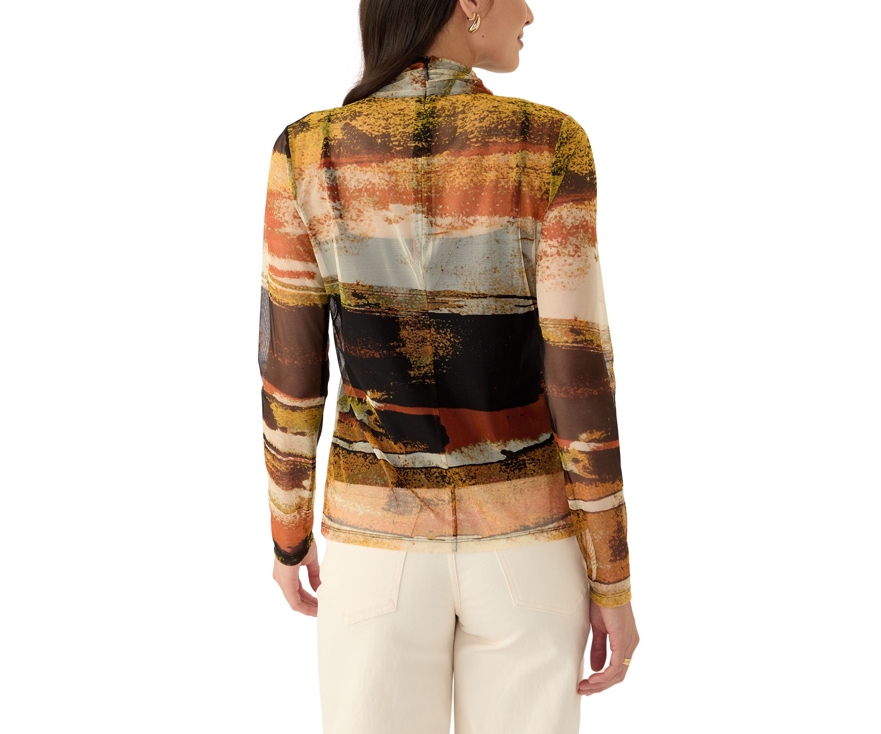 Womens Long Sleeve Mock Neck Printed Mesh Top 