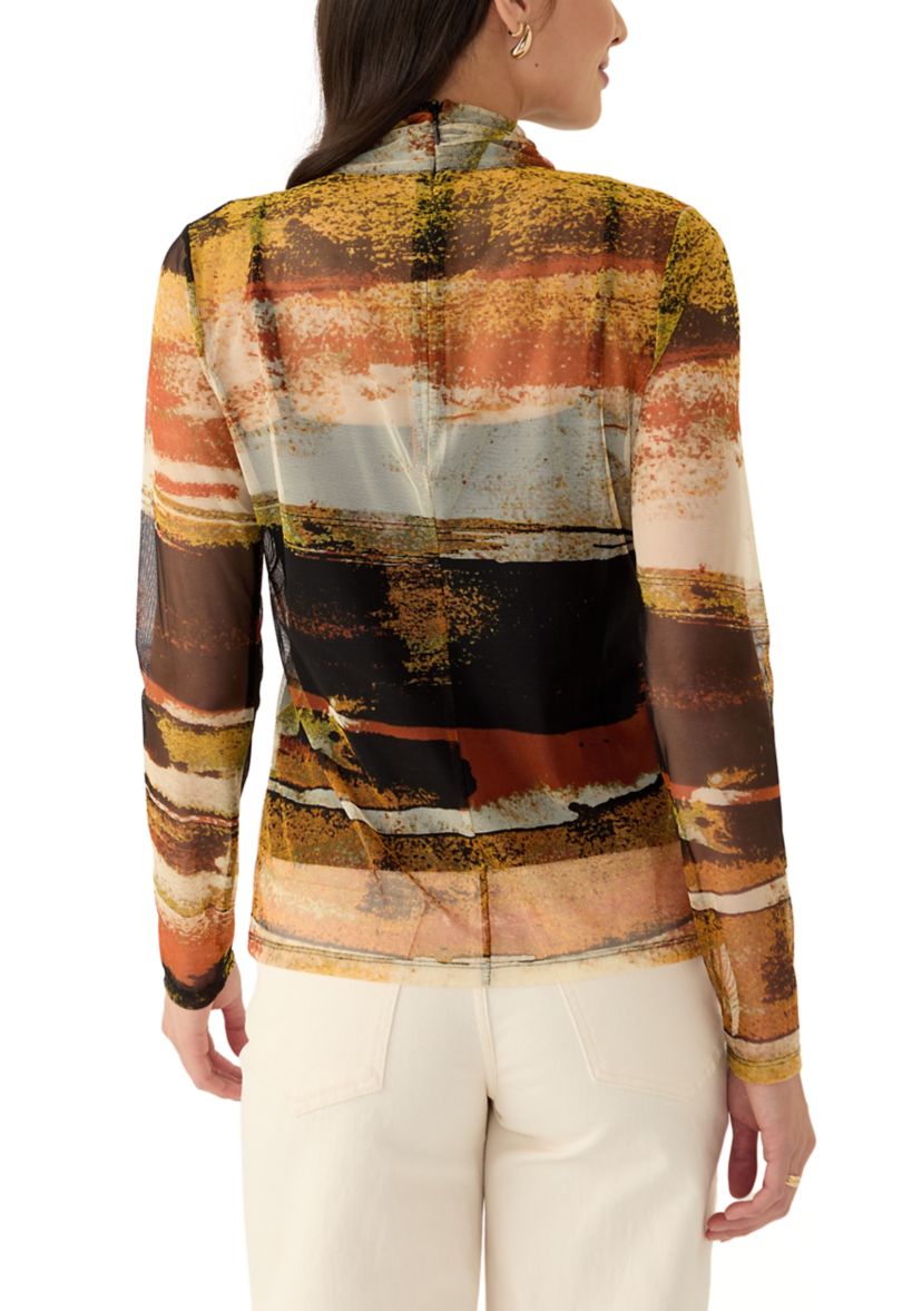 Womens Long Sleeve Mock Neck Printed Mesh Top 