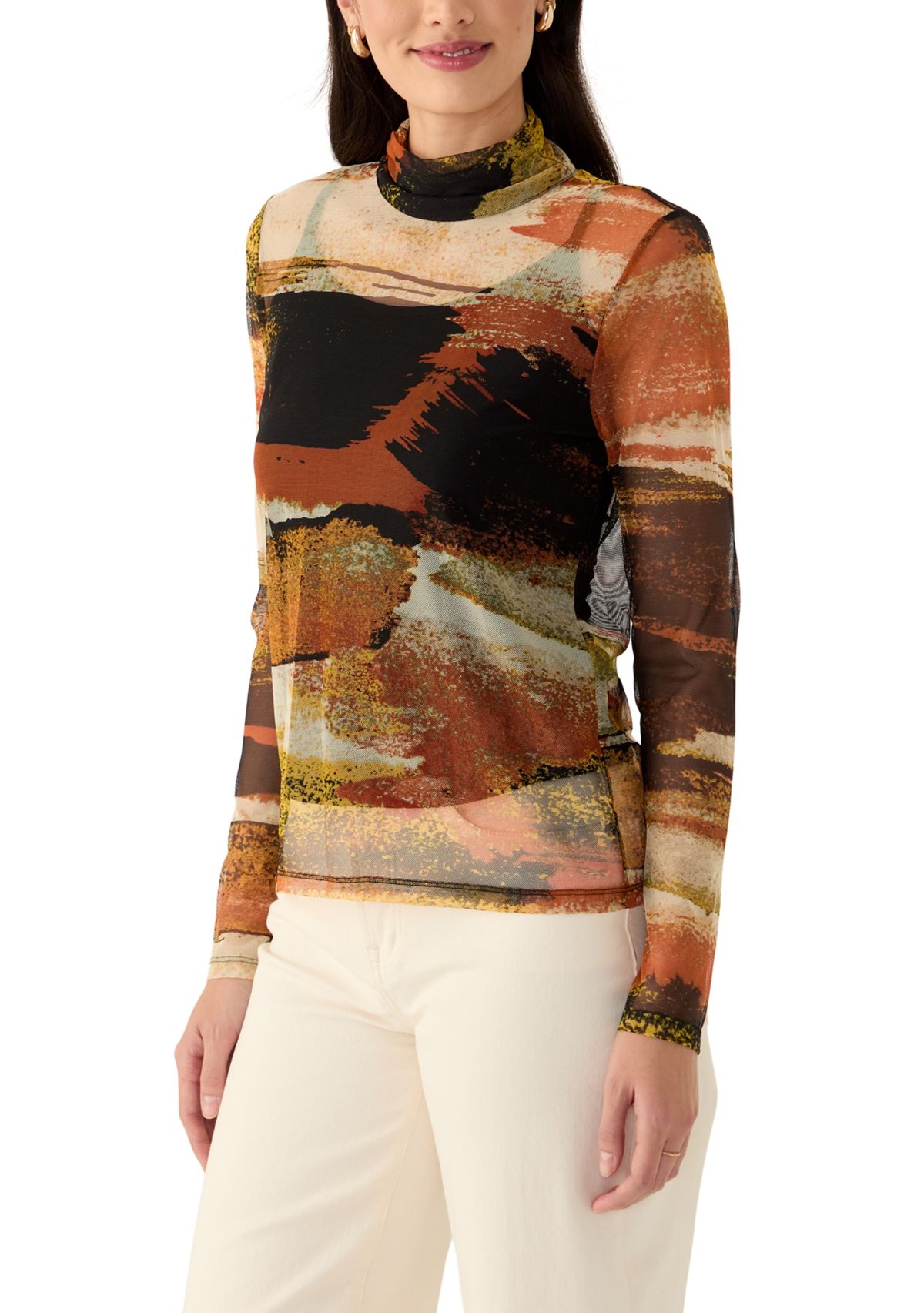 Womens Long Sleeve Mock Neck Printed Mesh Top 