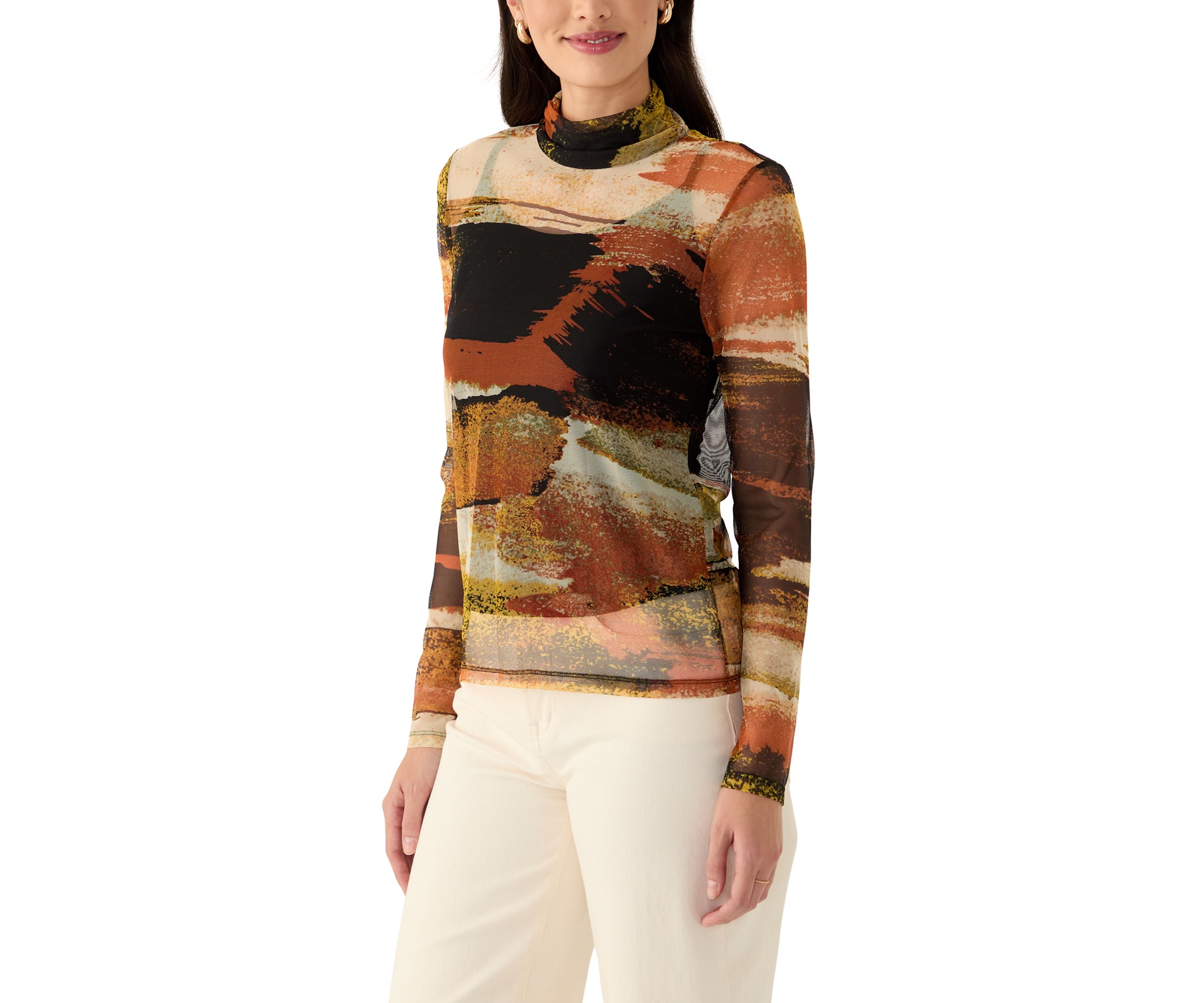 Womens Long Sleeve Mock Neck Printed Mesh Top 