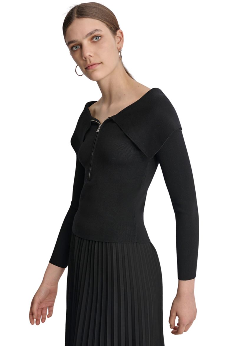 Womens Long Sleeve Zippered Collar Sweater 