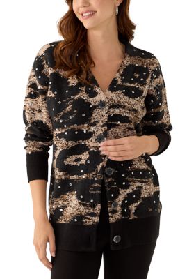 DKNY Women's Long Sleeve V-Neck Embroidered Cardigan