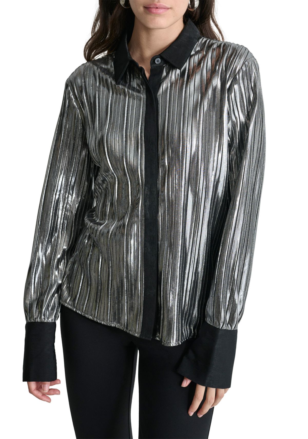 Womens Long Sleeve Foil Plisse Shirt