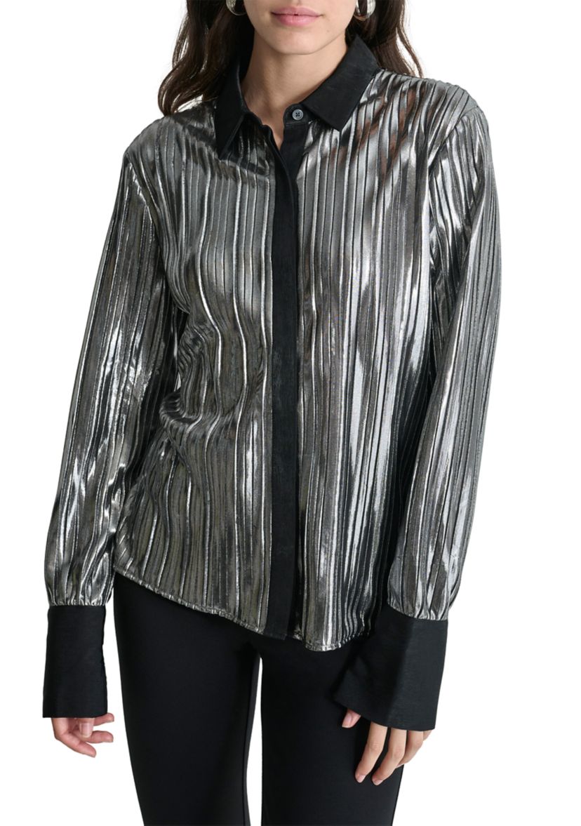 Womens Long Sleeve Foil Plisse Shirt