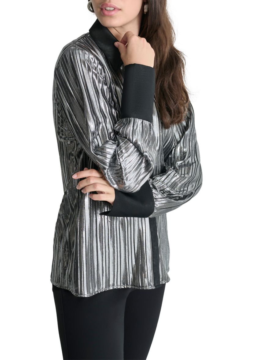 Womens Long Sleeve Foil Plisse Shirt