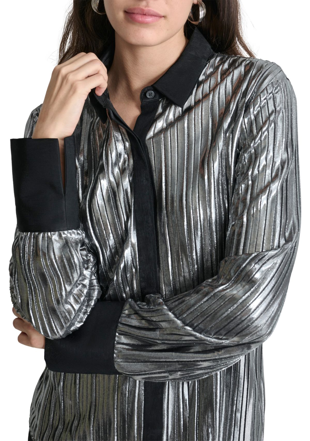 Womens Long Sleeve Foil Plisse Shirt