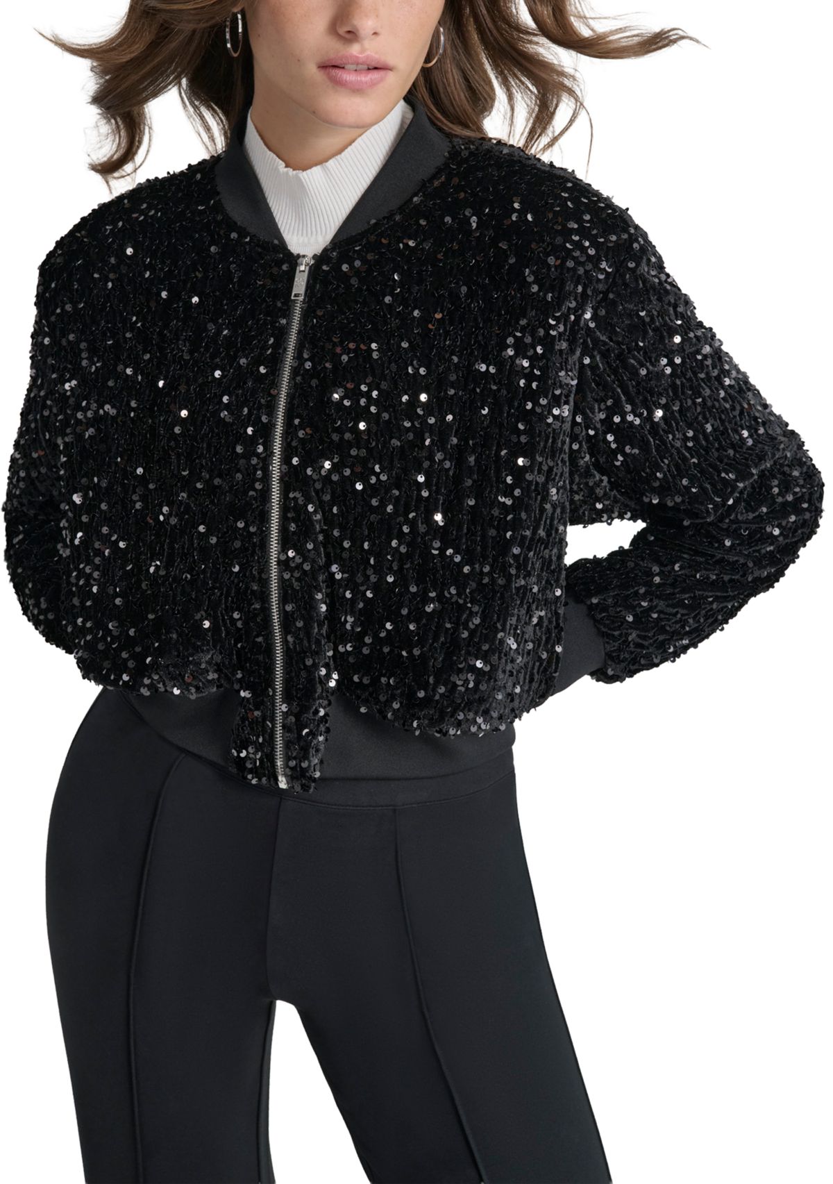 Womens Long Sleeve Velvet Sequin Bomber Jacket