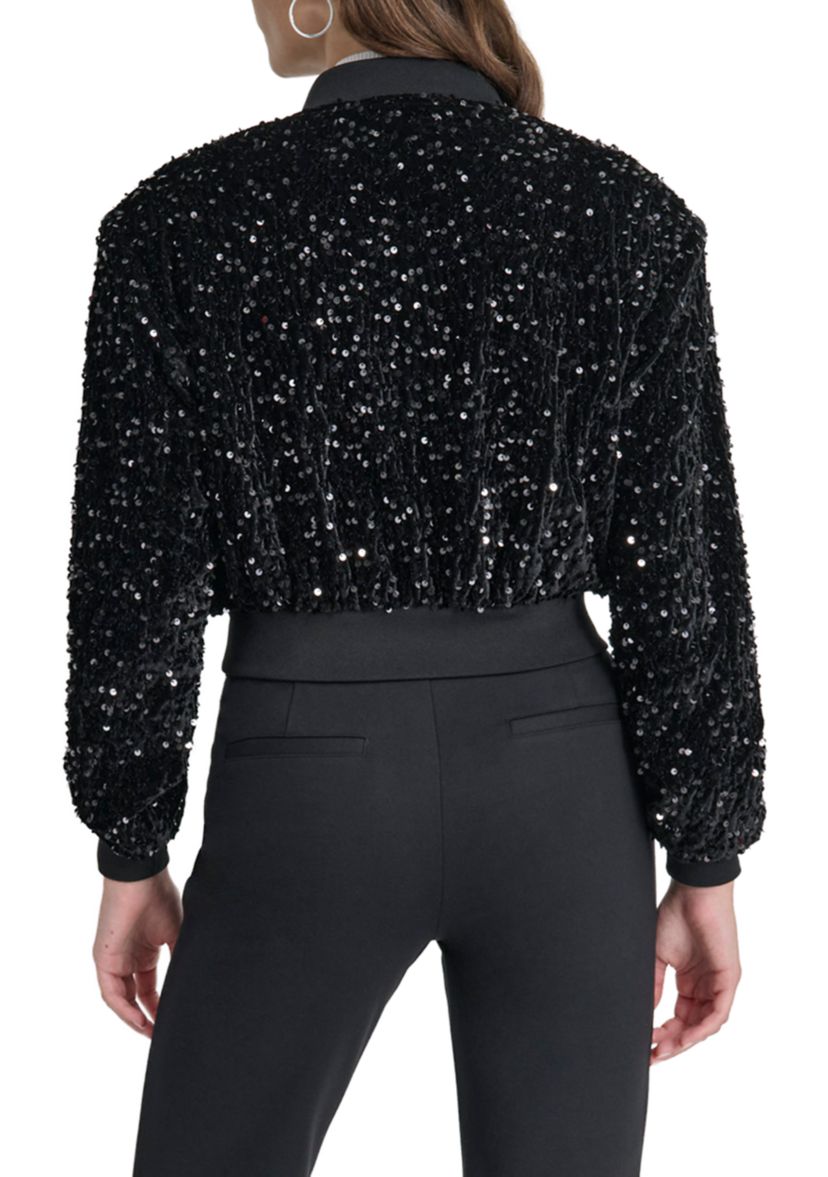 Womens Long Sleeve Velvet Sequin Bomber Jacket