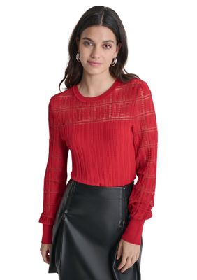 DKNY Women's Long Sleeve Plaid Placket Cable Sweater