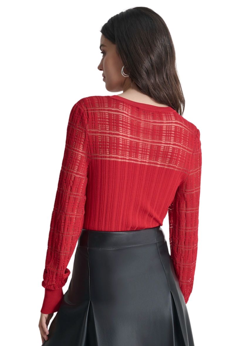 Womens Long Sleeve Plaid Placket Cable Sweater 