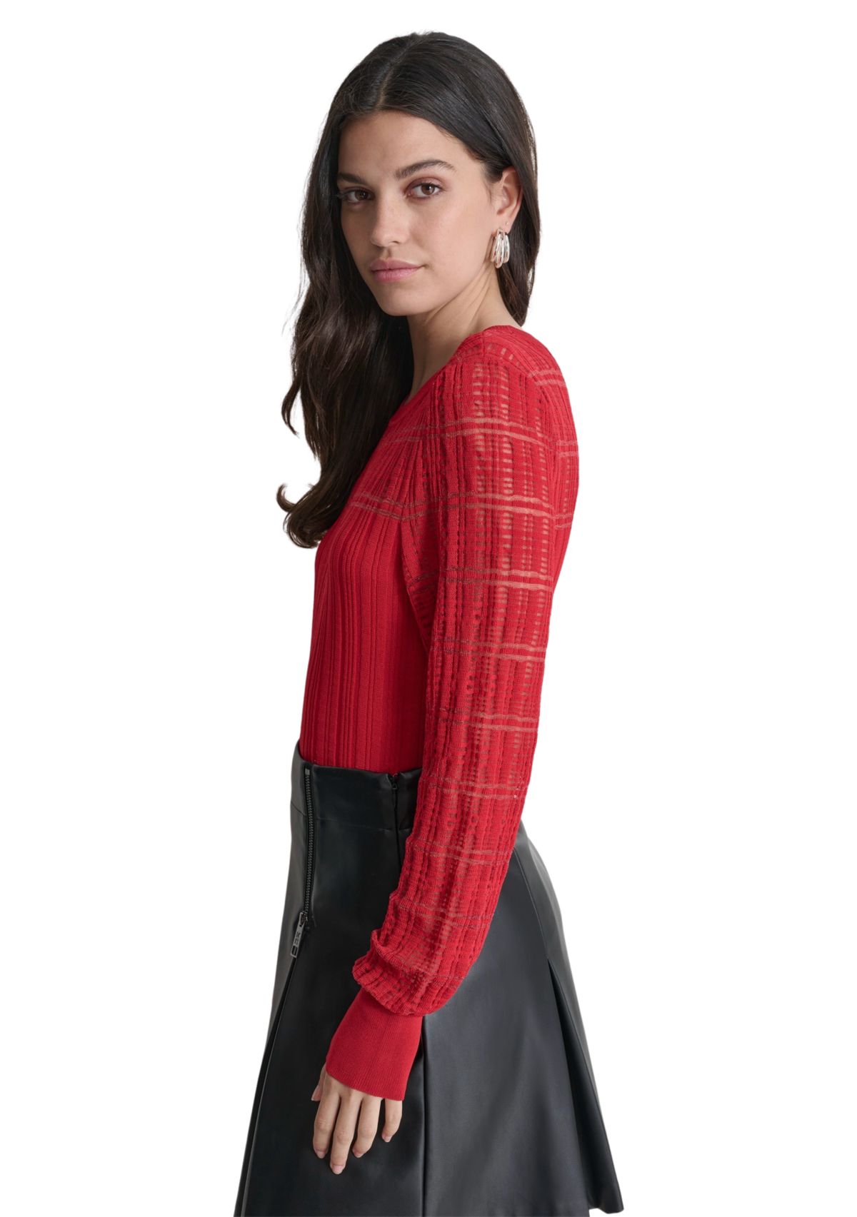 Womens Long Sleeve Plaid Placket Cable Sweater 