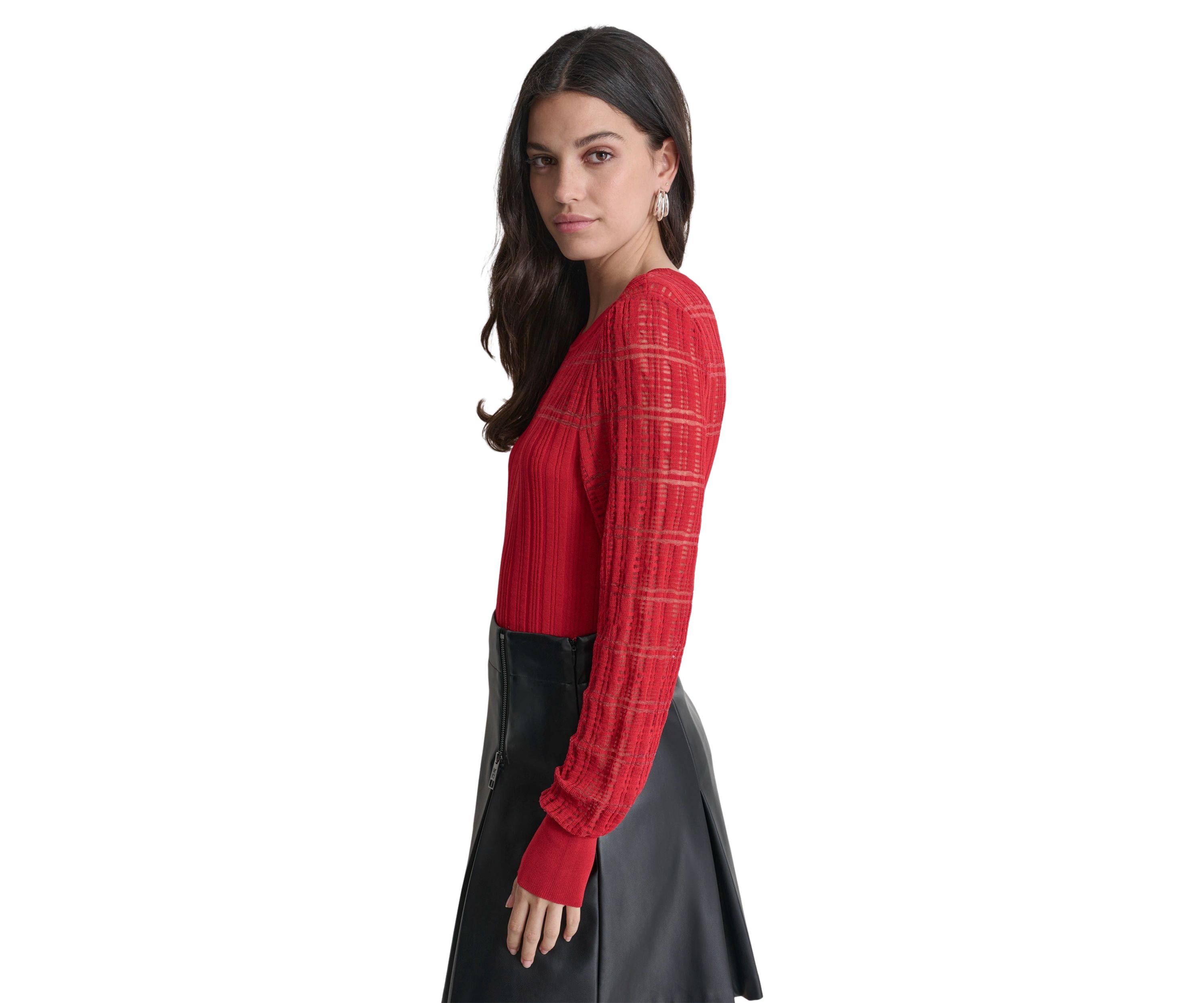 Womens Long Sleeve Plaid Placket Cable Sweater 