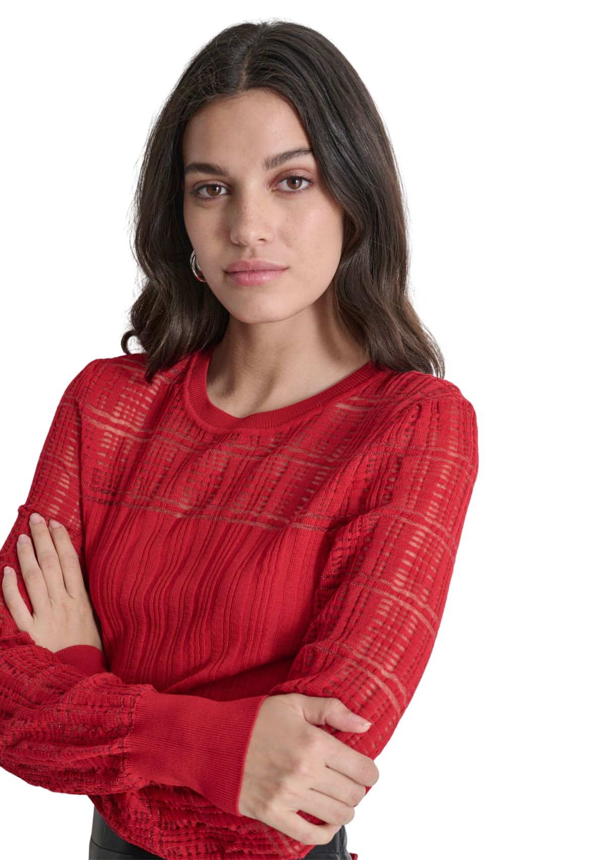 Womens Long Sleeve Plaid Placket Cable Sweater 