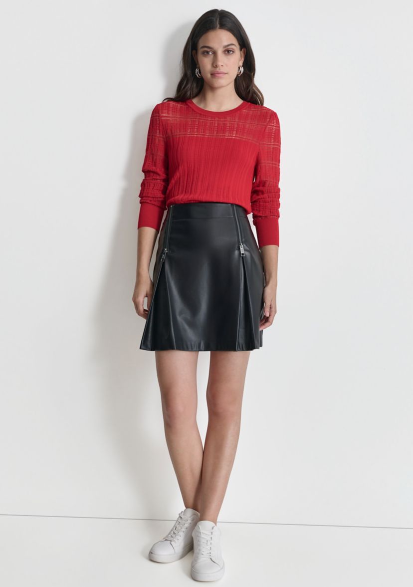 Womens Long Sleeve Plaid Placket Cable Sweater 