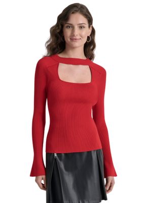 DKNY Women's Long Sleeve Cut Out Ribbed Sweater