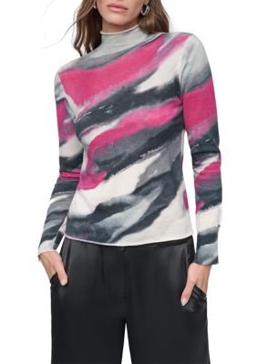 DKNY Women's Long Sleeve Brushstroke Mock Neck Sweater, Grey, XS
