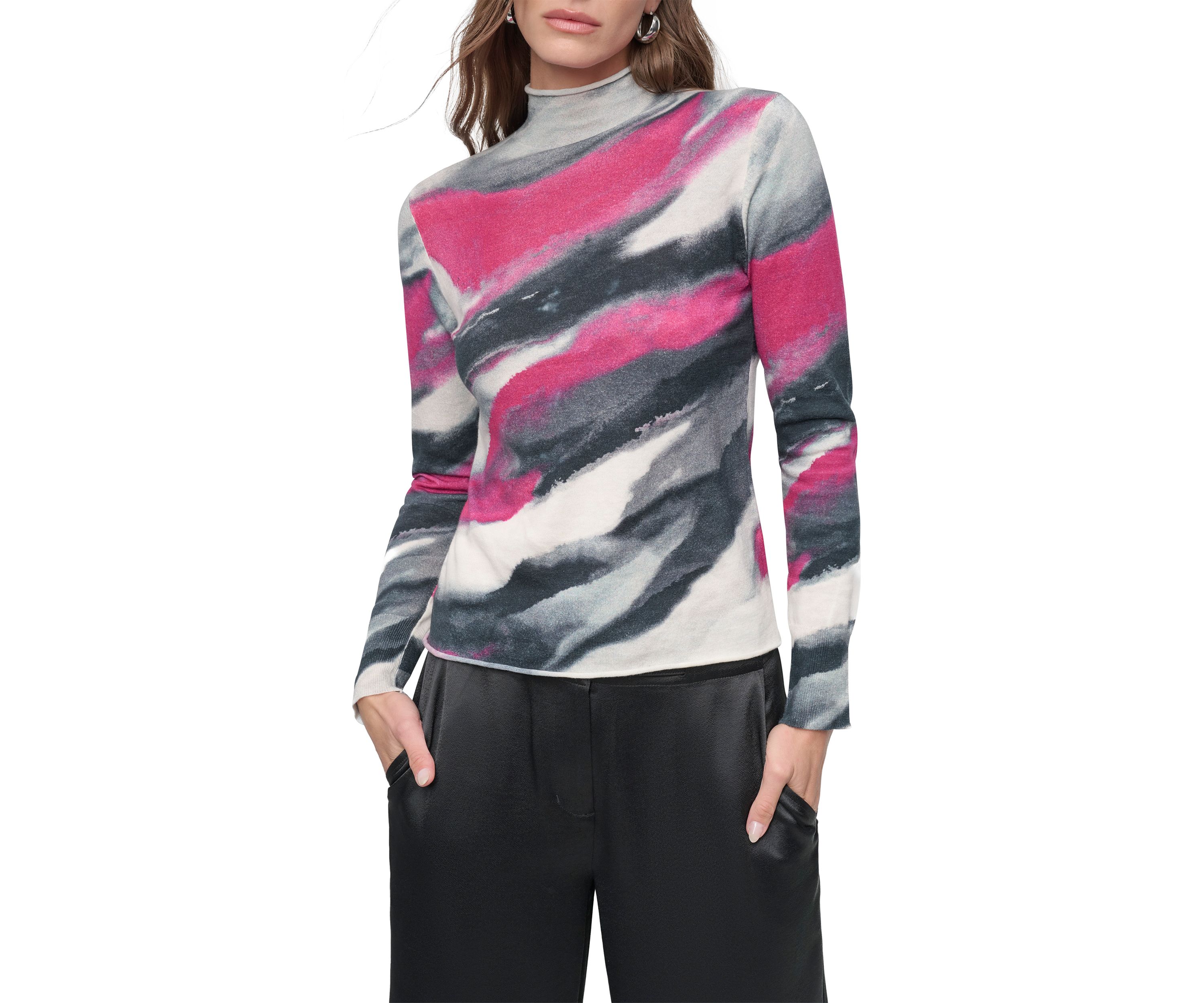 Womens Long Sleeve Brushstroke Mock Neck Sweater