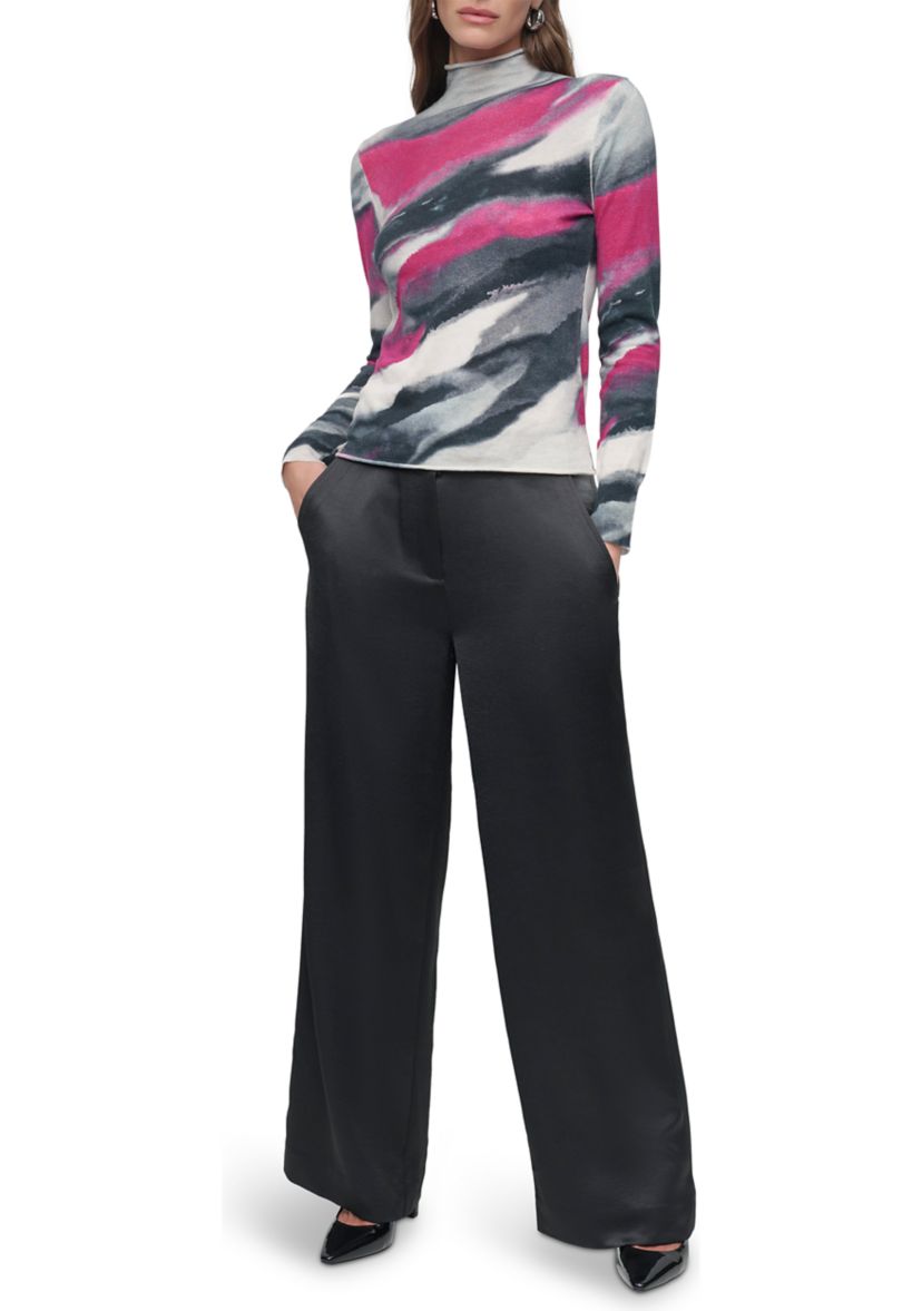 Womens Long Sleeve Brushstroke Mock Neck Sweater