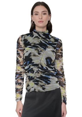 DKNY Women's Long Sleeve Ruched Animal Print Mesh Top, X-Large