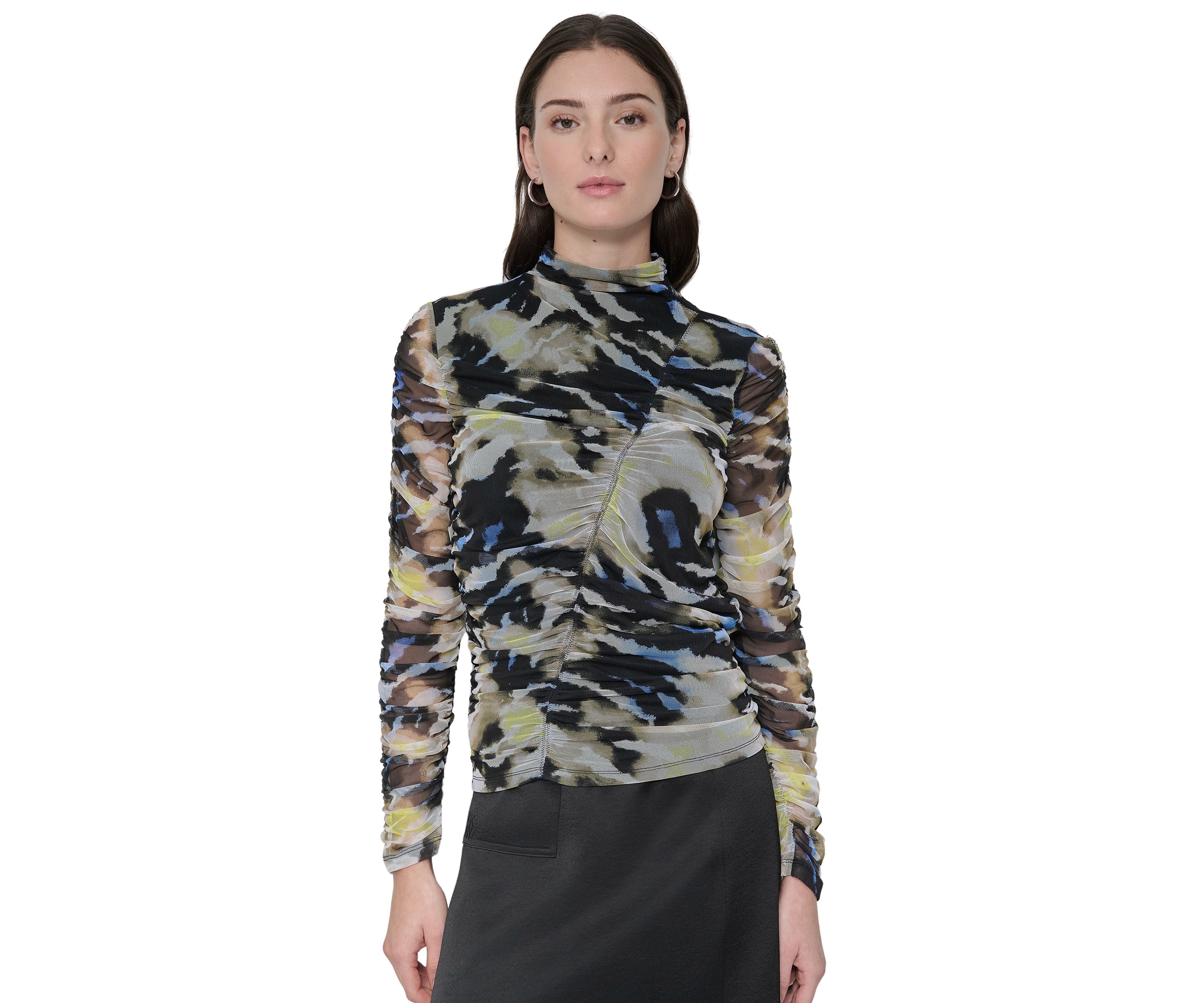 Womens Long Sleeve Ruched Animal Print Mesh Top