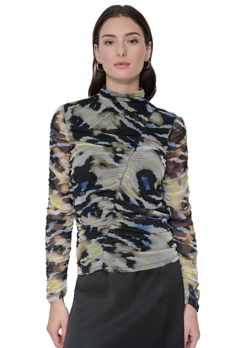 Womens Long Sleeve Ruched Animal Print Mesh Top