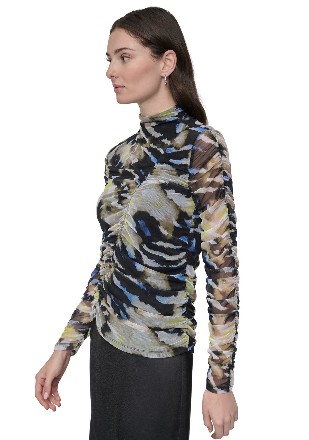 Womens Long Sleeve Ruched Animal Print Mesh Top