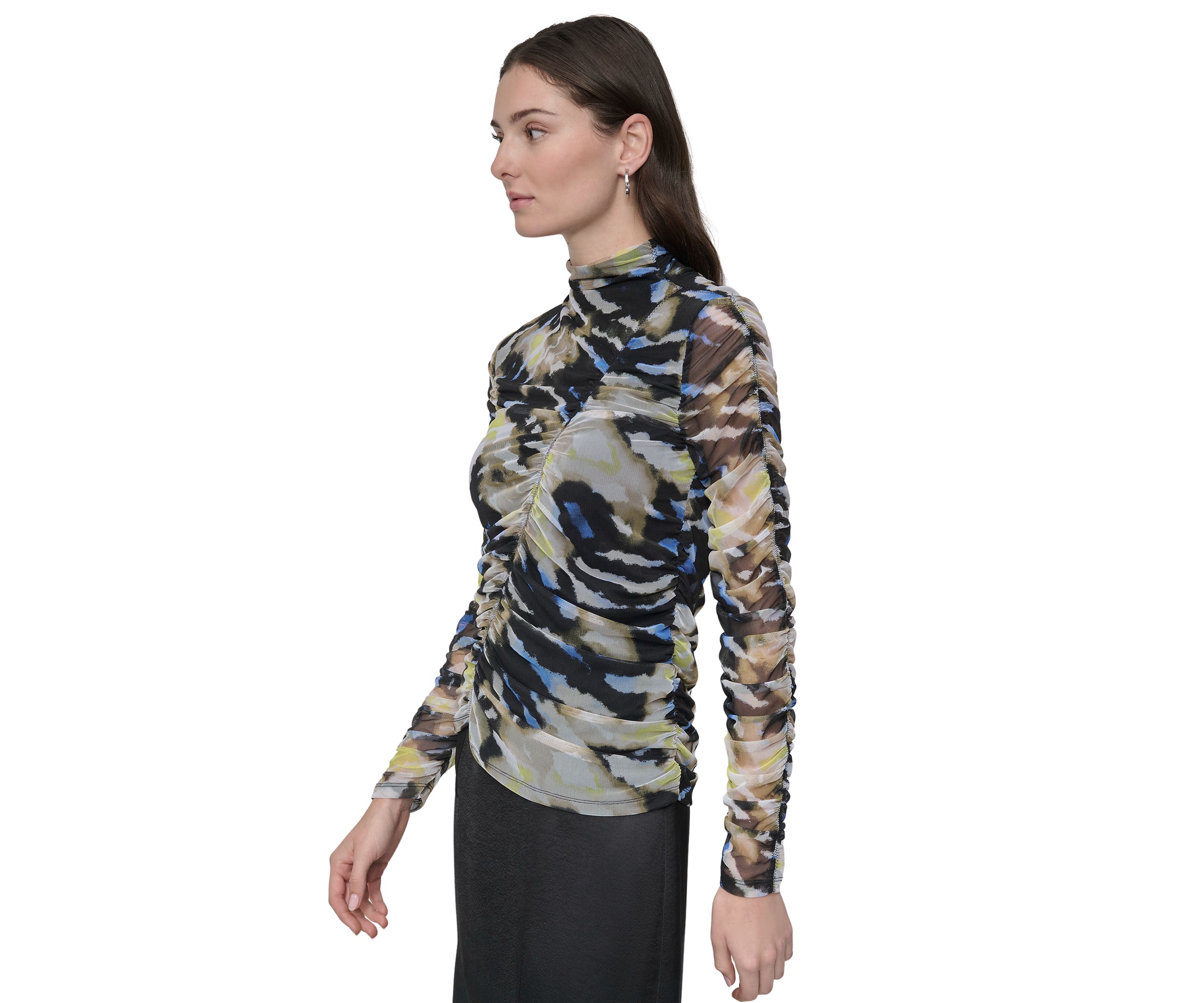 Womens Long Sleeve Ruched Animal Print Mesh Top