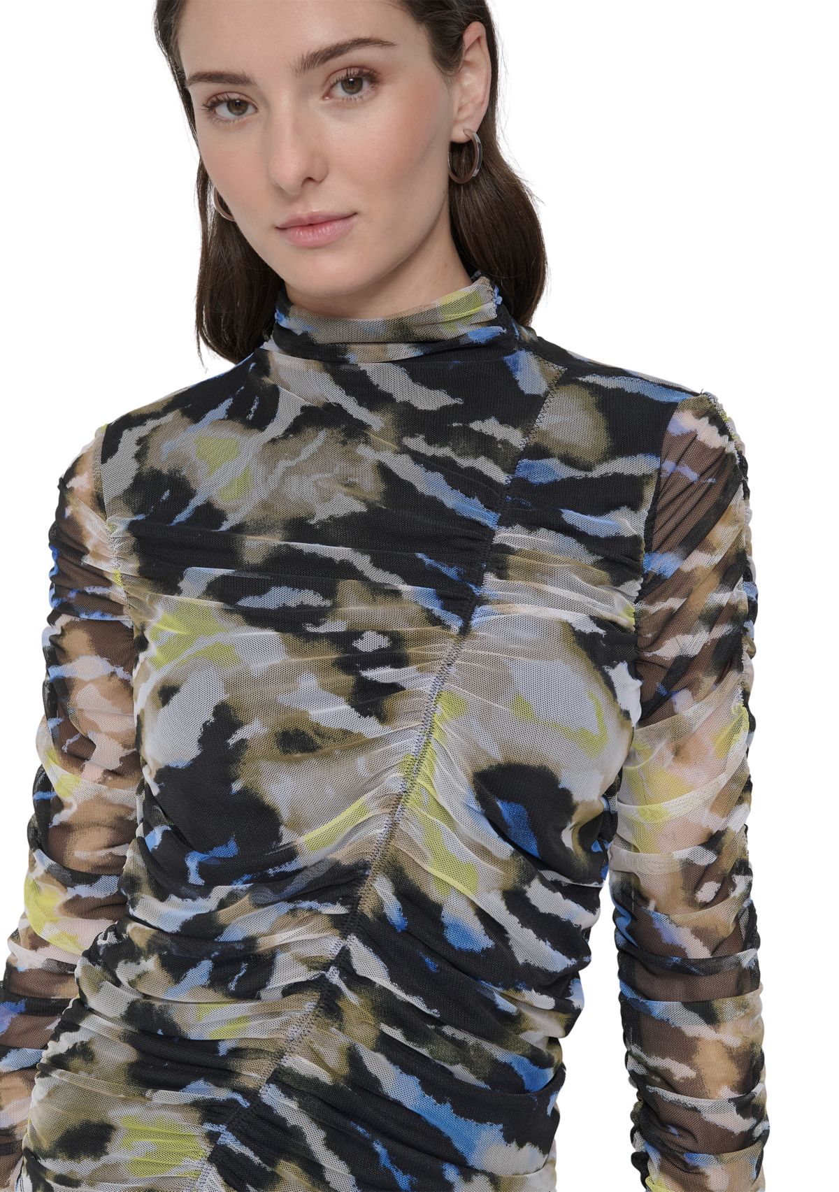 Womens Long Sleeve Ruched Animal Print Mesh Top