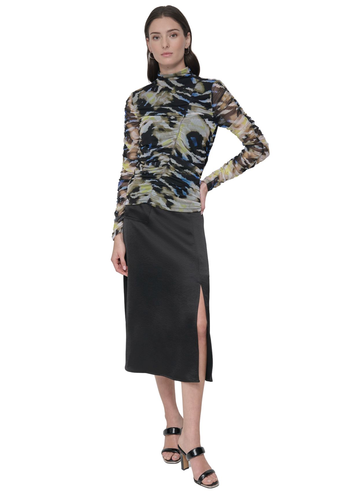 Womens Long Sleeve Ruched Animal Print Mesh Top