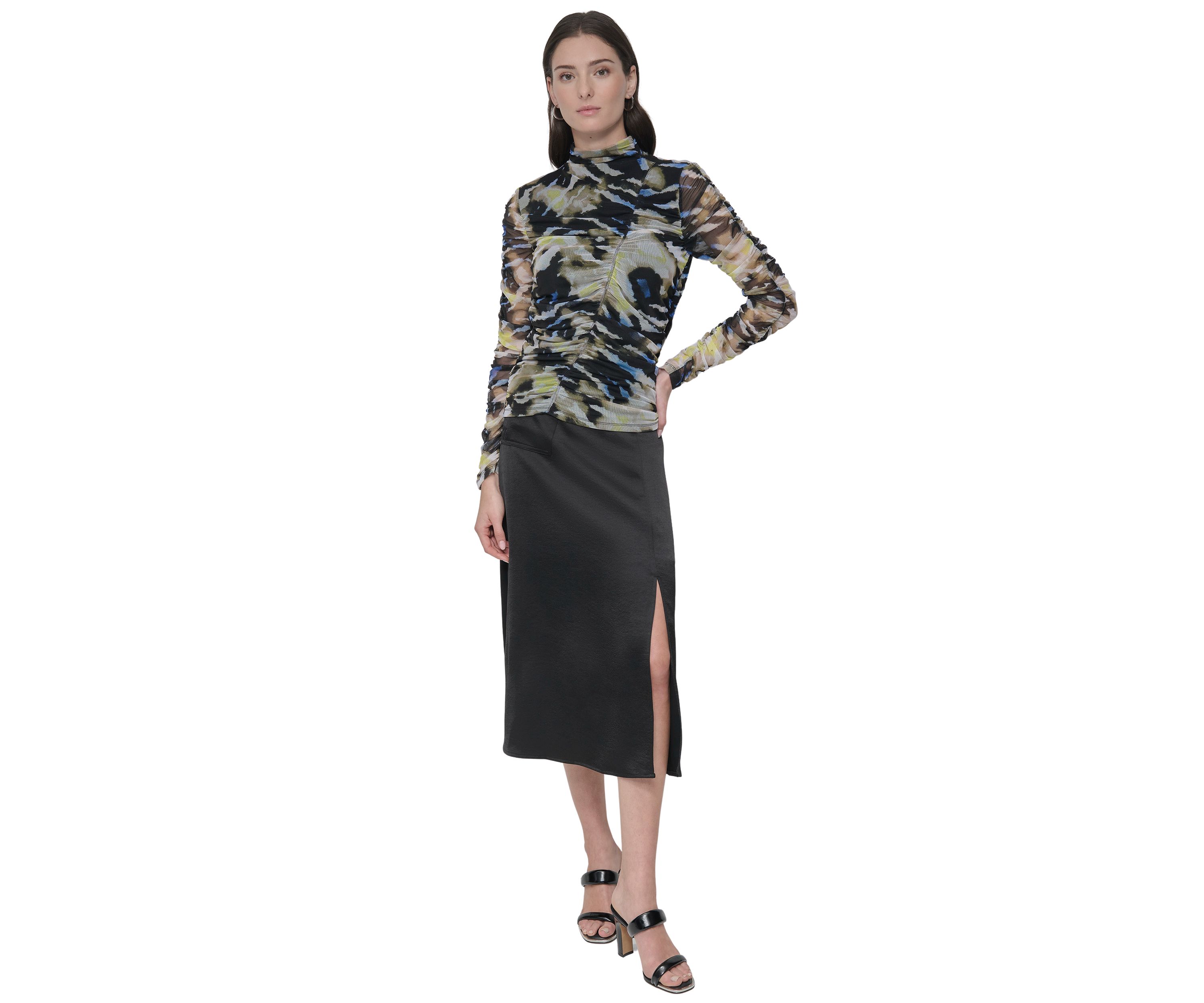 Womens Long Sleeve Ruched Animal Print Mesh Top