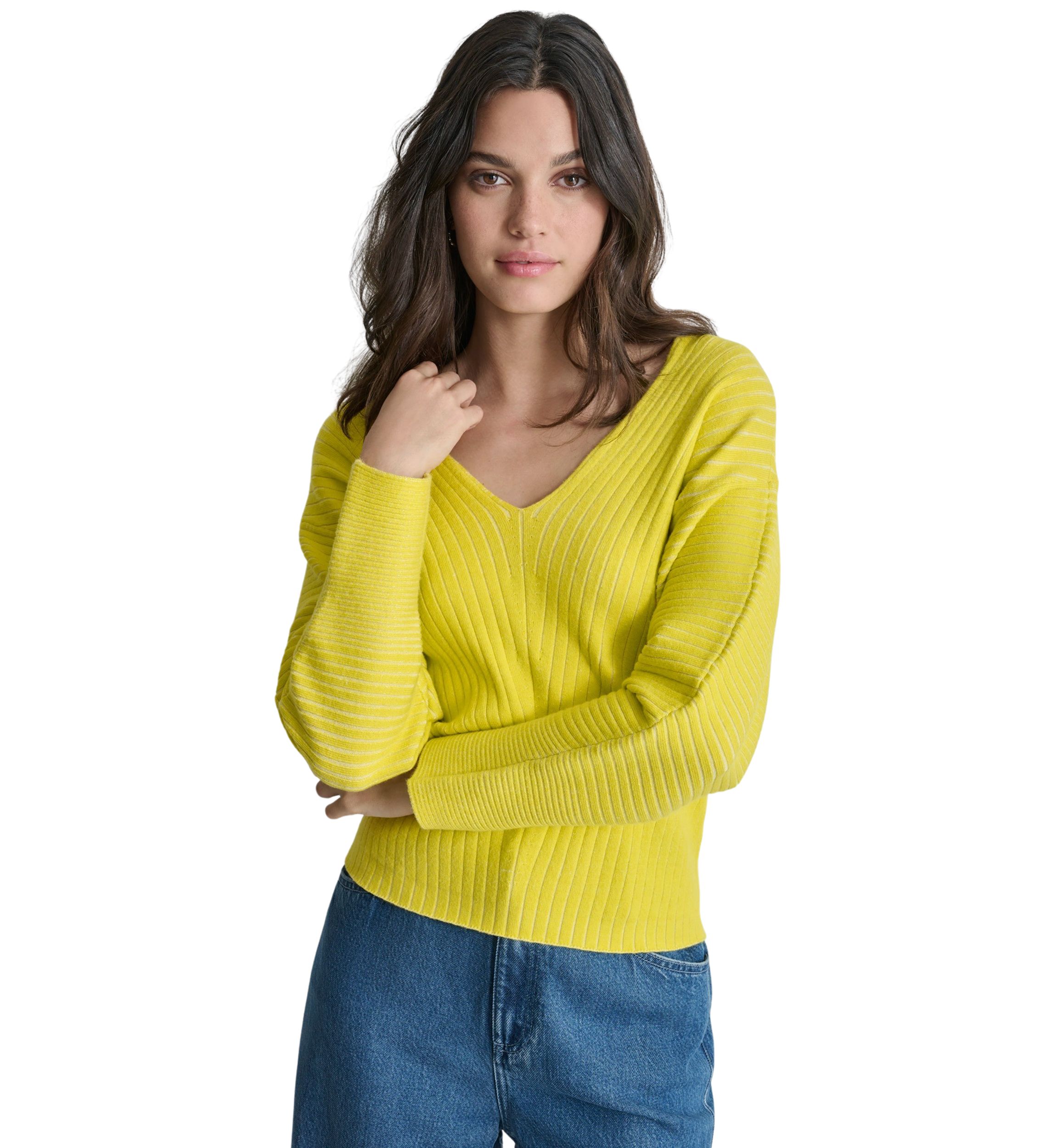Womens Long Sleeve Ribbed V-Neck Sweater