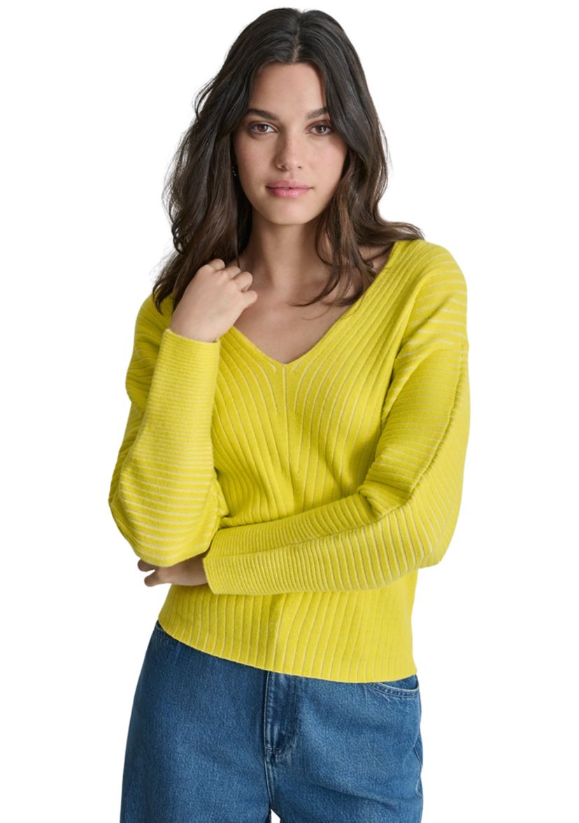 Womens Long Sleeve Ribbed V-Neck Sweater