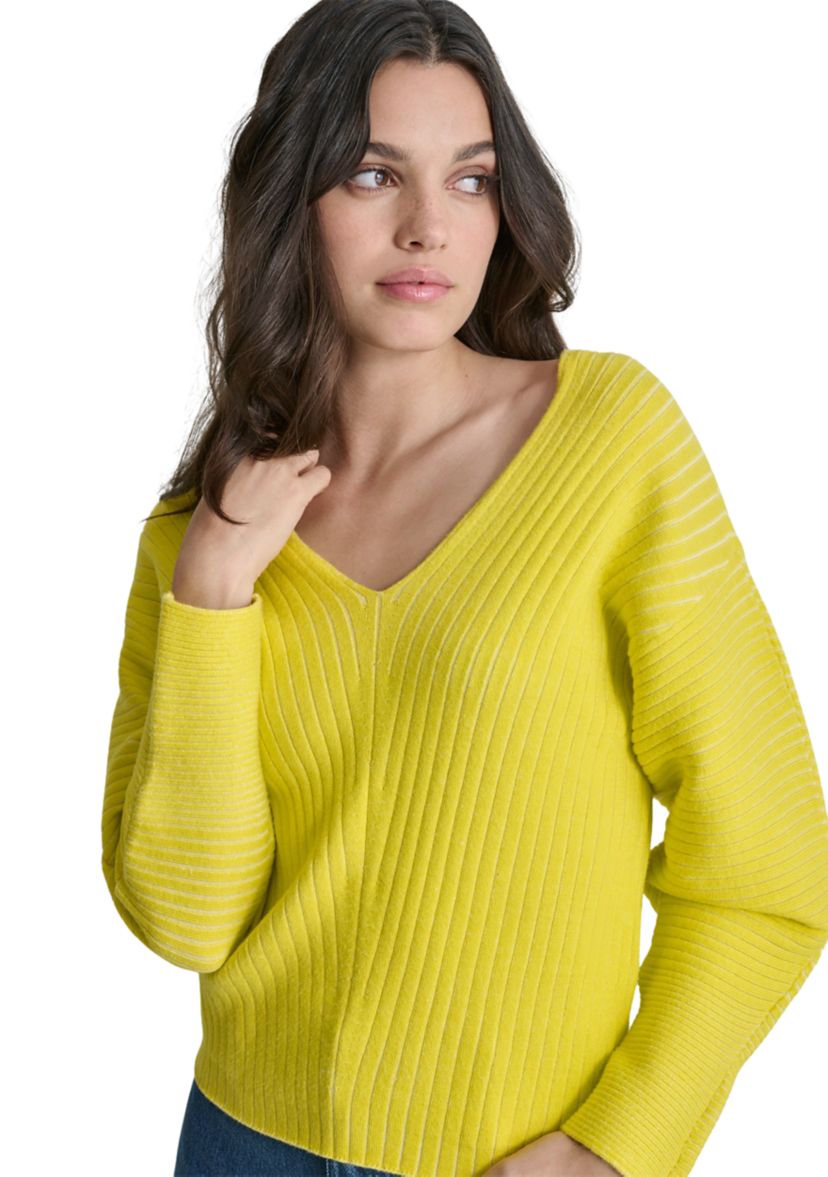 Womens Long Sleeve Ribbed V-Neck Sweater