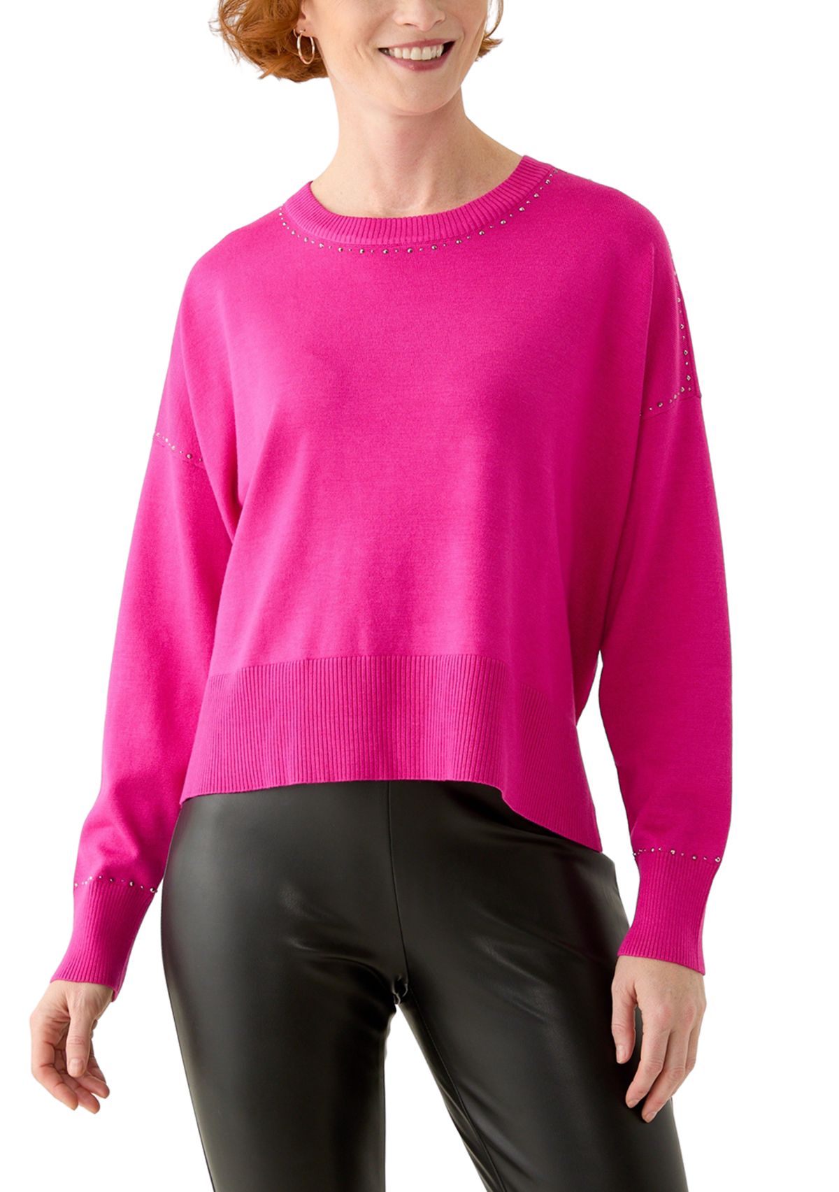 Womens Crew Neck Stud Trim Split Hem Sweater