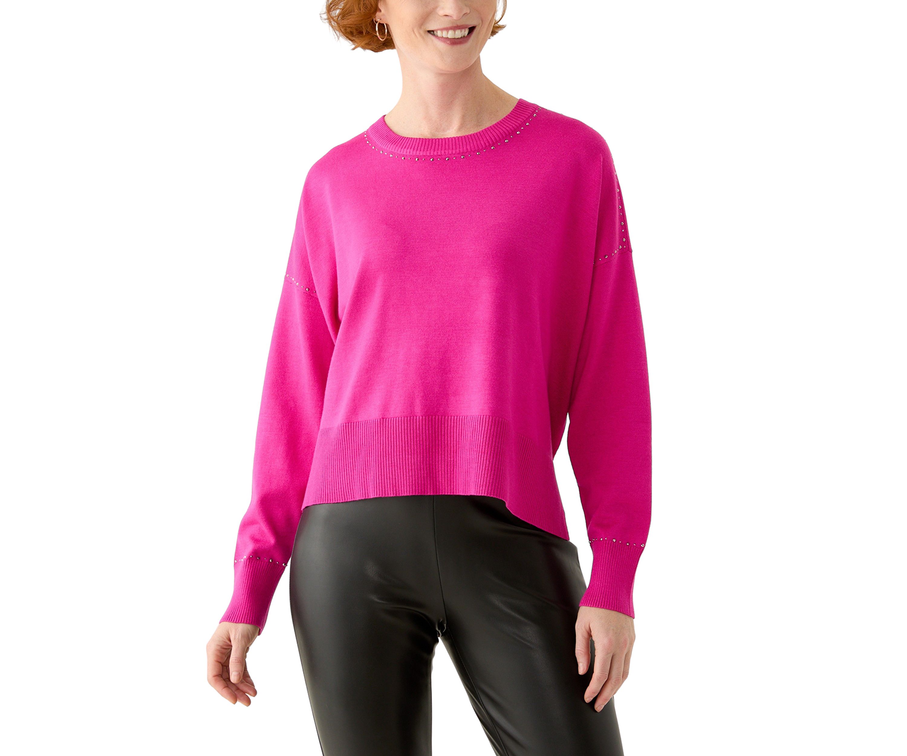 Womens Crew Neck Stud Trim Split Hem Sweater