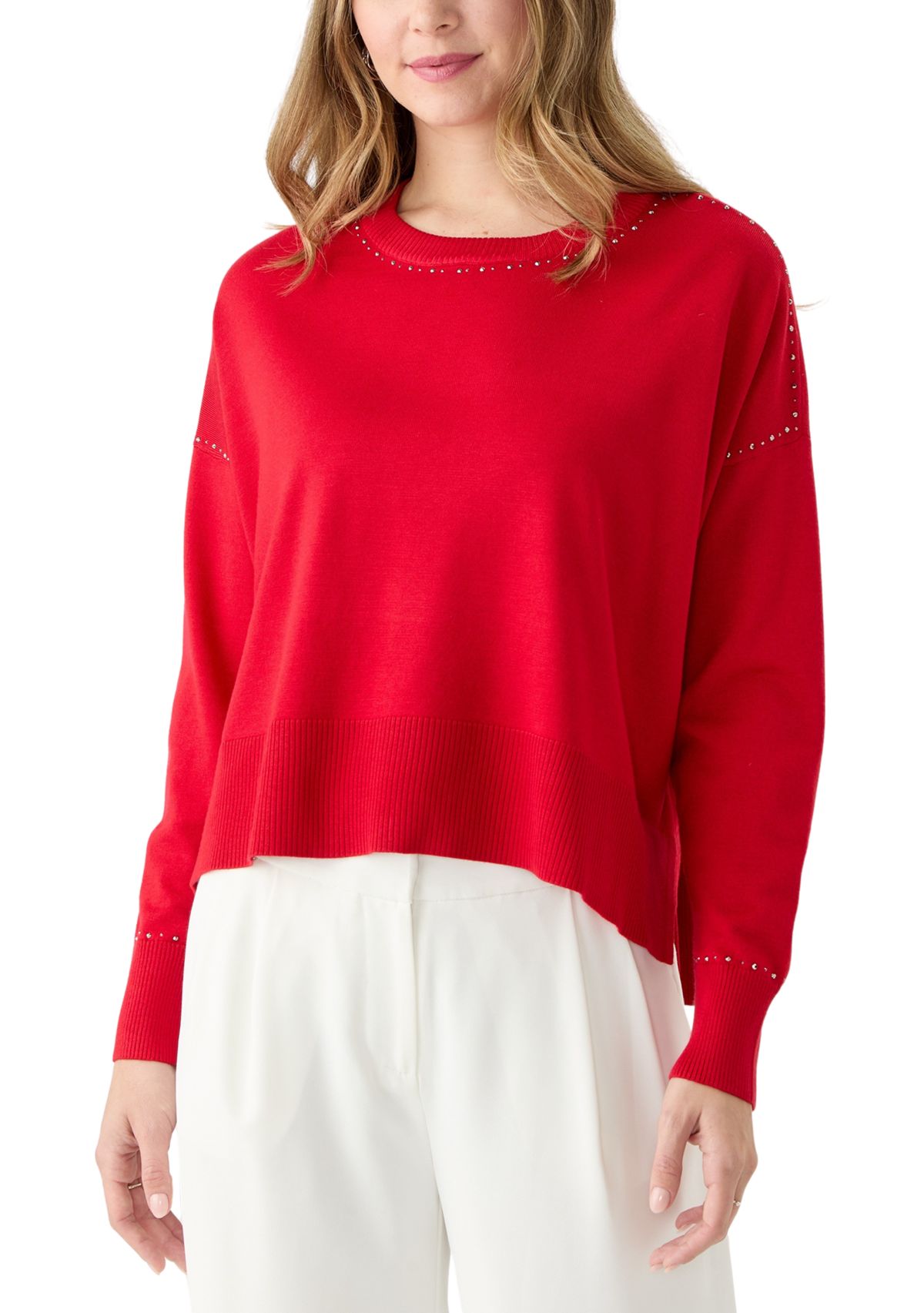 Womens Crew Neck Stud Trim Split Hem Sweater