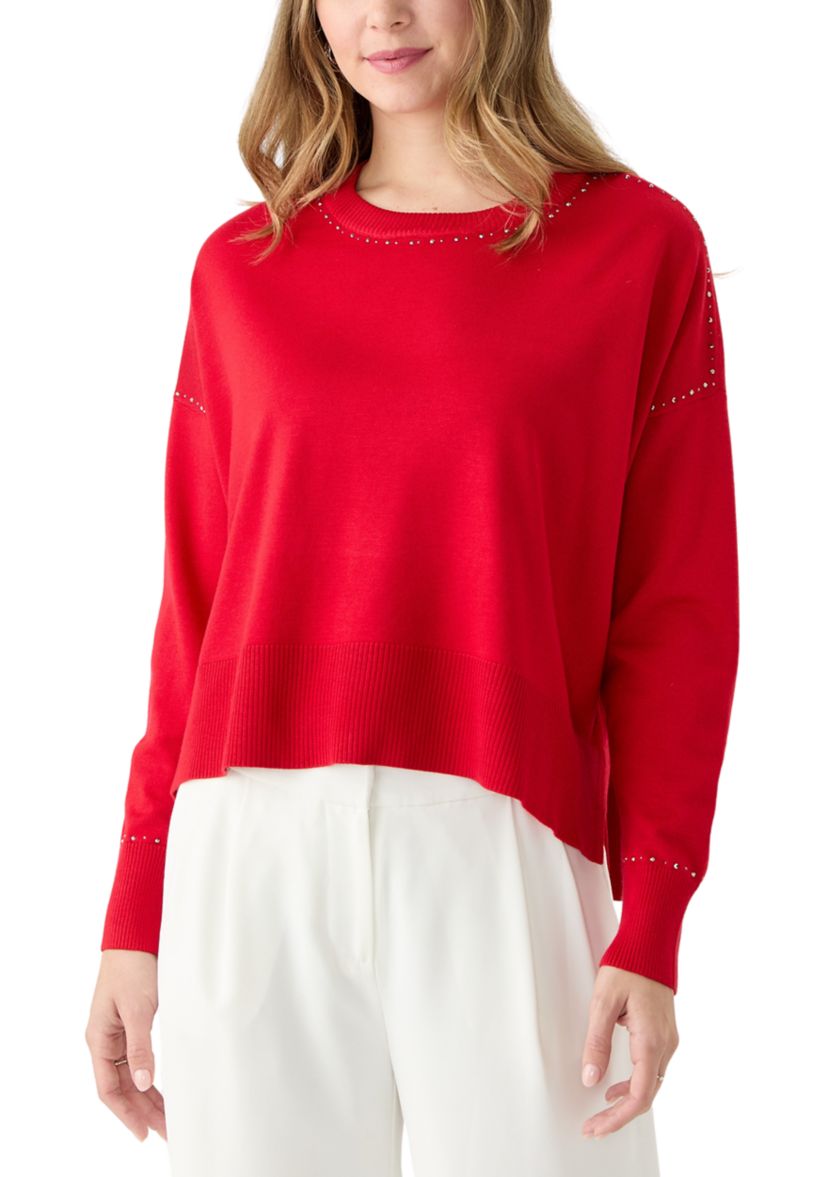 Womens Crew Neck Stud Trim Split Hem Sweater
