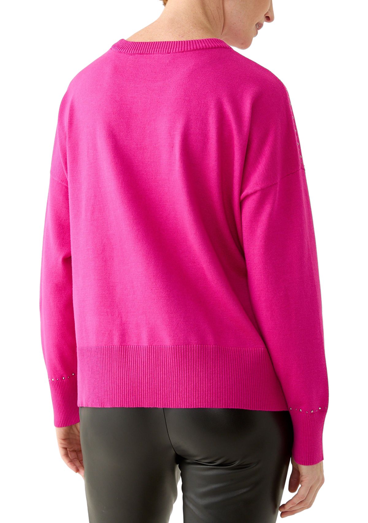 Womens Crew Neck Stud Trim Split Hem Sweater