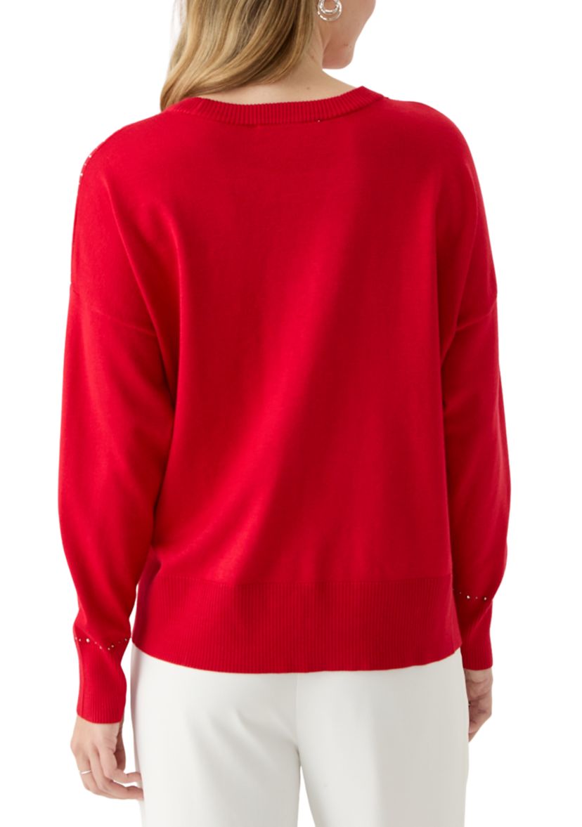 Womens Crew Neck Stud Trim Split Hem Sweater