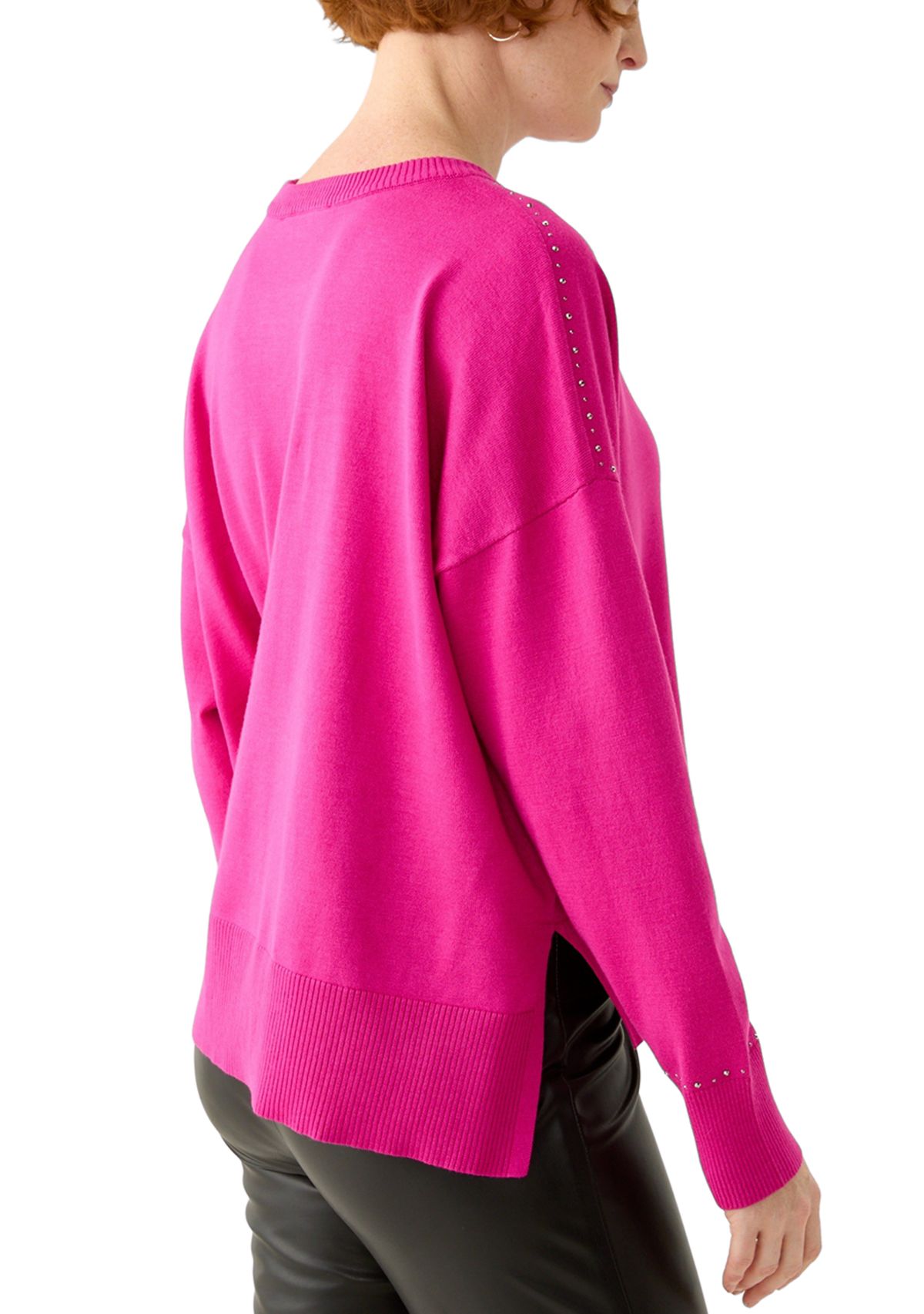 Womens Crew Neck Stud Trim Split Hem Sweater