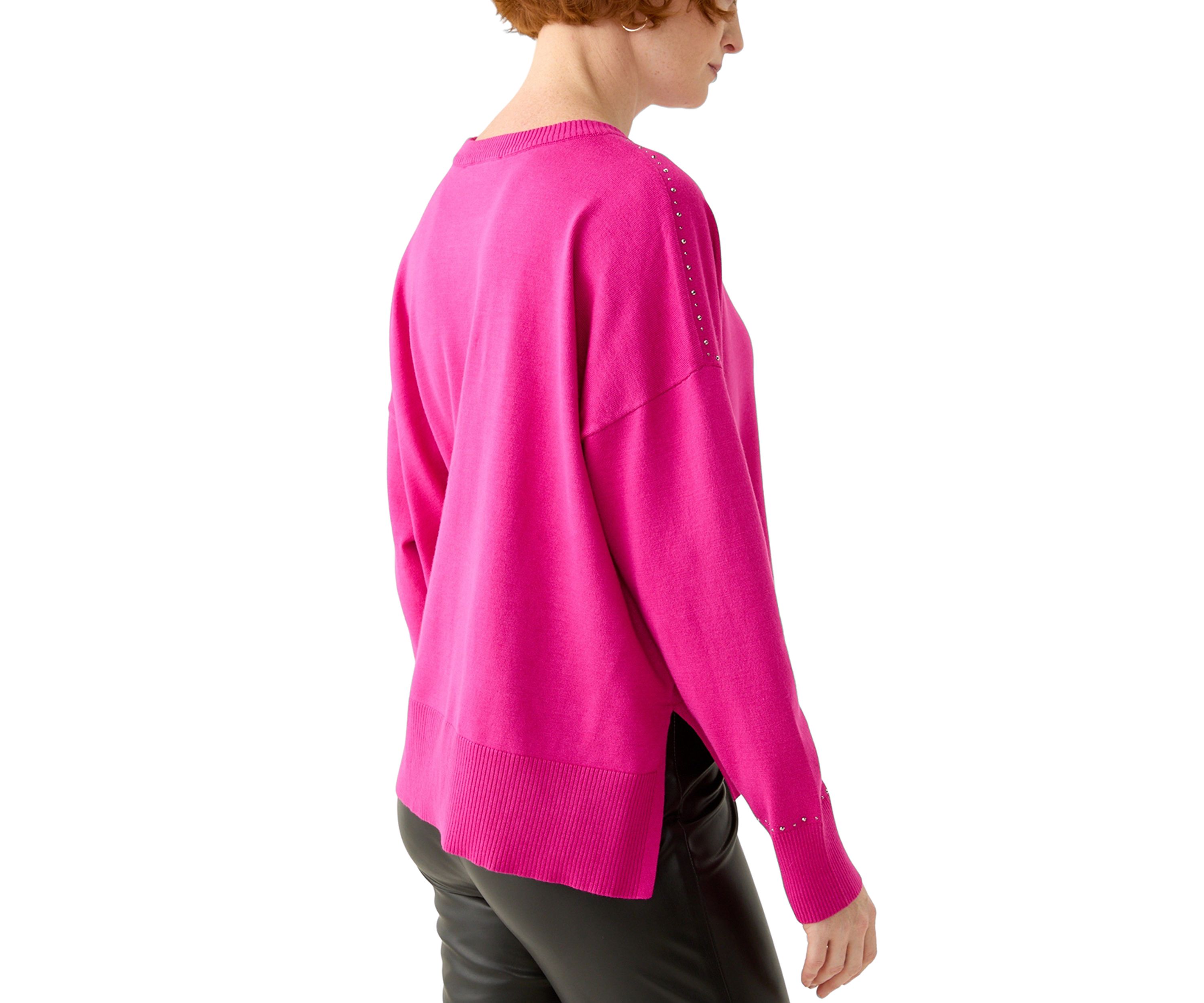 Womens Crew Neck Stud Trim Split Hem Sweater